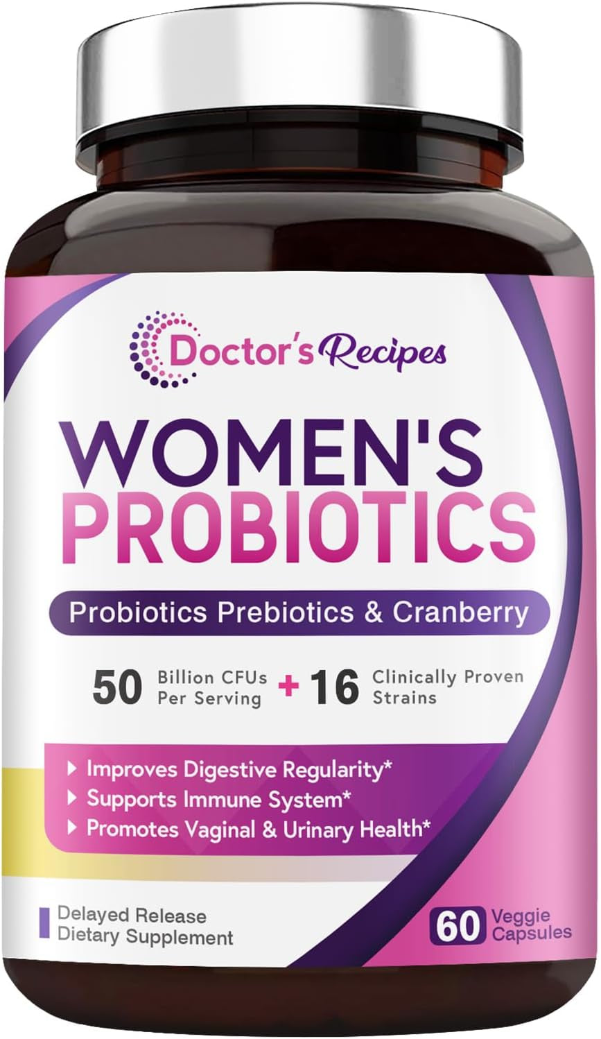 Women's Probiotic with Organic Cranberry - 60 Capsules, 50 Billion CFU, 16 Strains-Digestive Immune Vaginal & Urinary Health, Shelf Stable, Delayed Release, No Soy Gluten Dairy