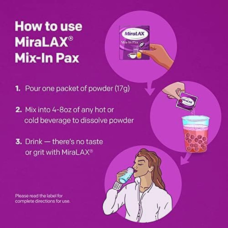 Miralax Gentle Constipation Relief Laxative Powder, Stool Softener with PEG 3350, No Harsh Side Effects, #1 Physician Recommended, Single Dose Mix-In Pax with Mixing Stirrers, Travel Pack, 10 Dose